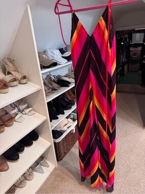 Christopher John Rogers Pink, Black & Orange Chevron Maxi Slip Dress